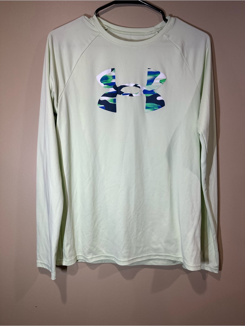 Kids Under Armour Light Green Long Sleeve Performance Tee with Multi Blue Logo